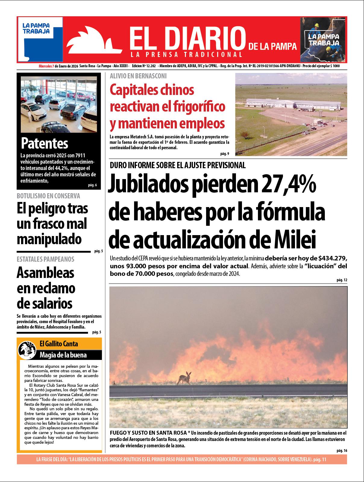 Tapa de El Diario en papel  mieacutercoles 07 de enero de 2026